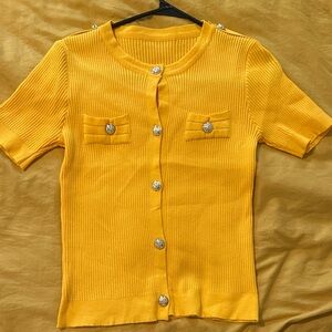 Yellow Short Sleeve Cardigan with Silver Buttons